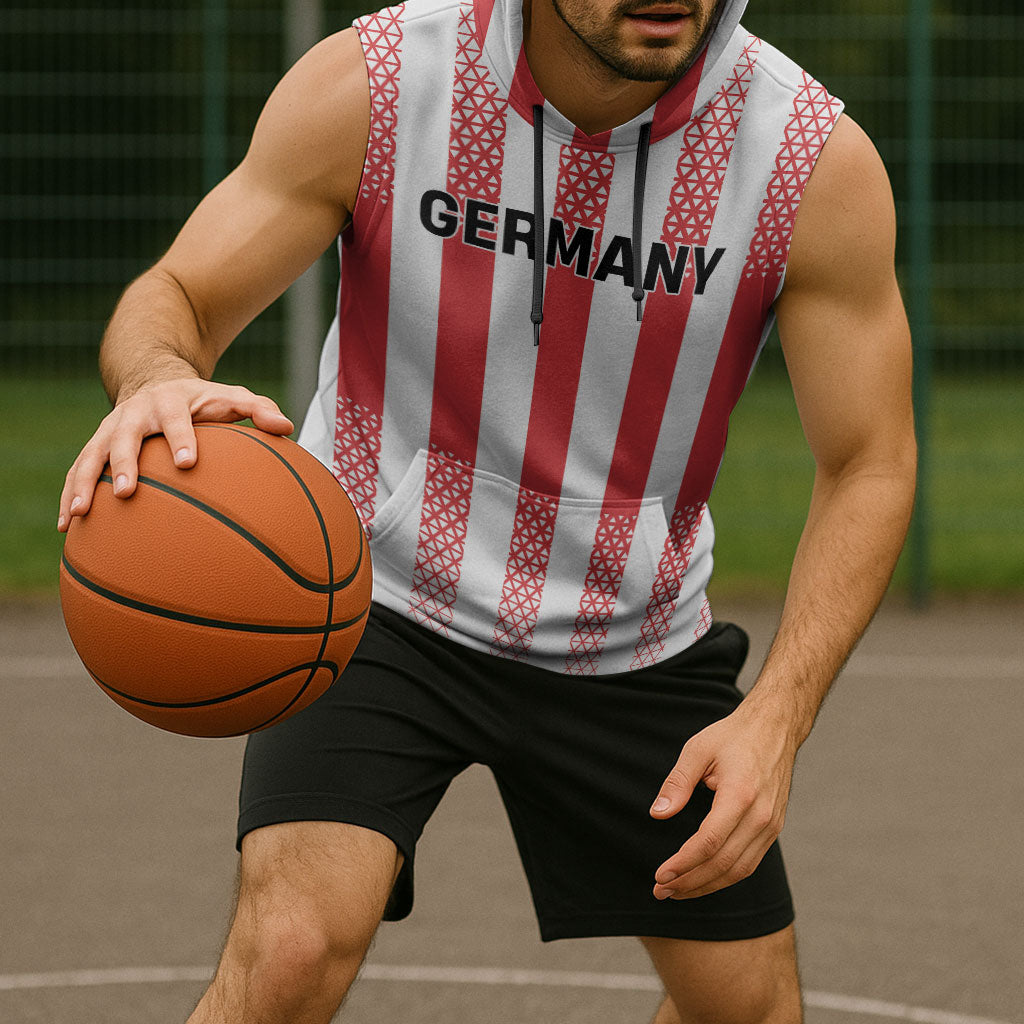 Custom German European Football Champions Sleeveless Hoodie Rot Weiss Geometric Stripes