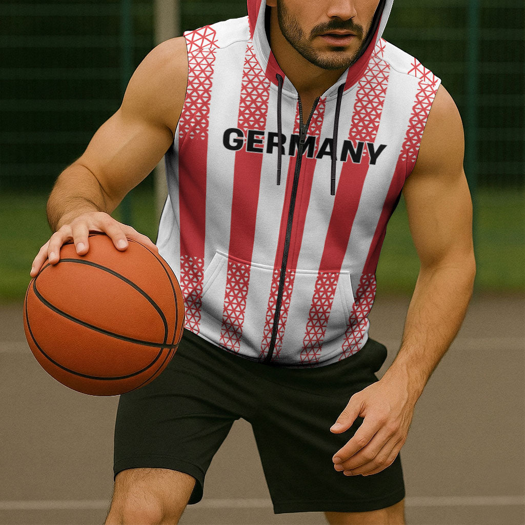 Custom German European Football Champions Sleeveless Zip Hoodie Rot Weiss Geometric Stripes