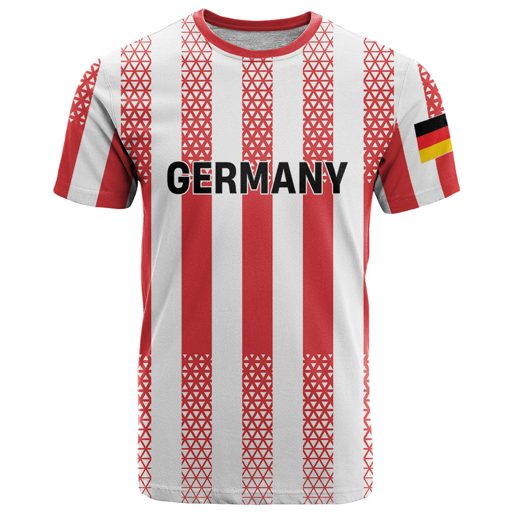 Custom German European Football Champions T Shirt Rot Weiss Geometric Stripes