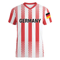 Custom German European Football Champions Women V-Neck T-Shirt Rot Weiss Geometric Stripes