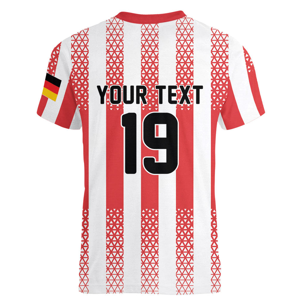 Custom German European Football Champions Women V-Neck T-Shirt Rot Weiss Geometric Stripes