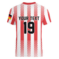 Custom German European Football Champions Women V-Neck T-Shirt Rot Weiss Geometric Stripes