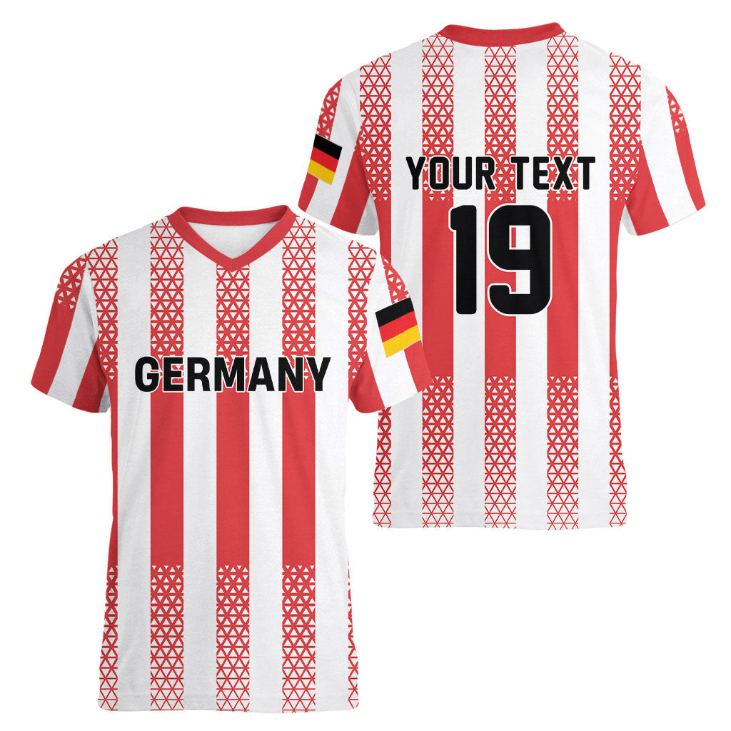 Custom German European Football Champions Women V-Neck T-Shirt Rot Weiss Geometric Stripes