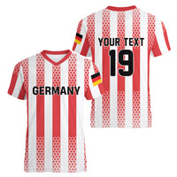 Custom German European Football Champions Women V-Neck T-Shirt Rot Weiss Geometric Stripes