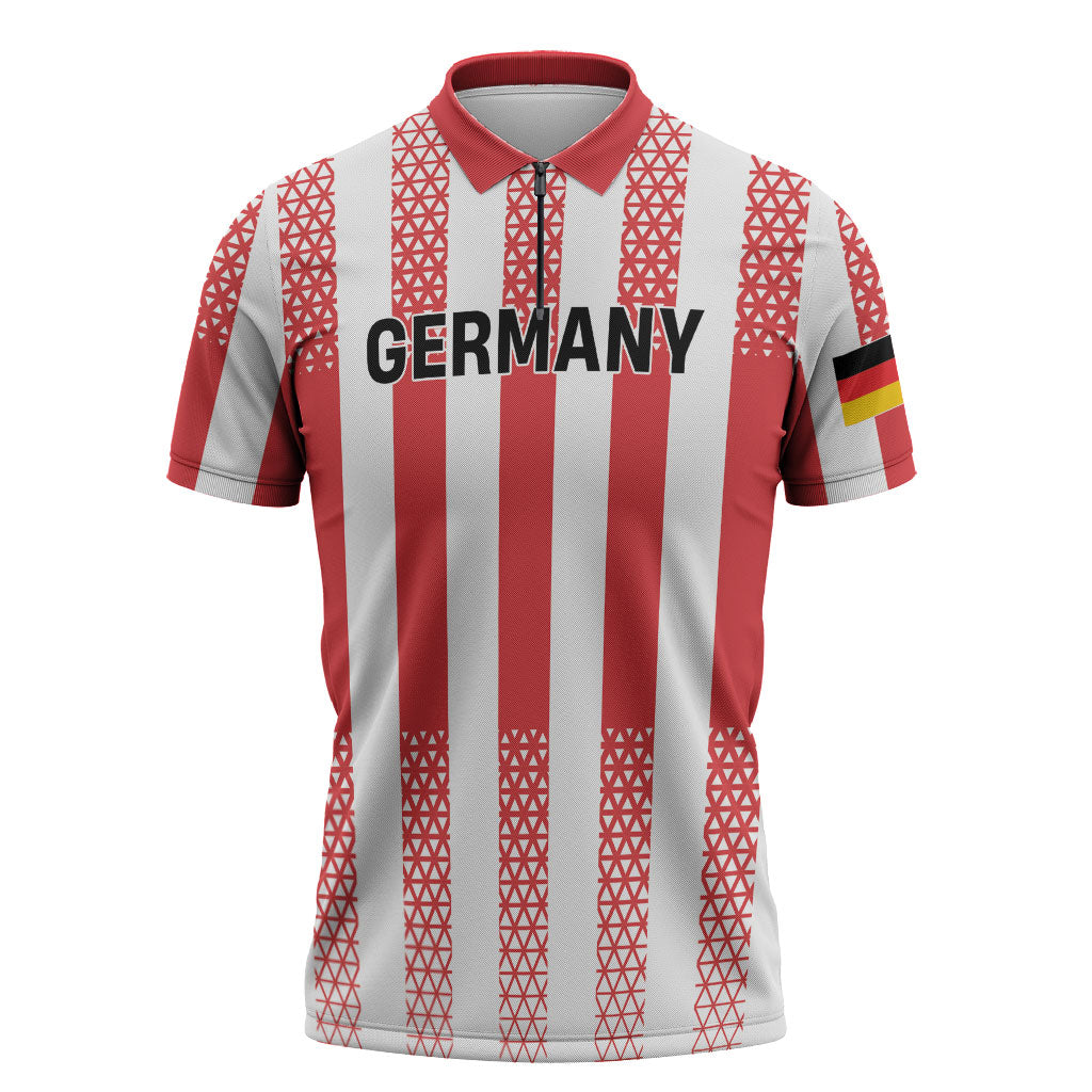 Custom German European Football Champions Zipper Polo Shirt Rot Weiss Geometric Stripes
