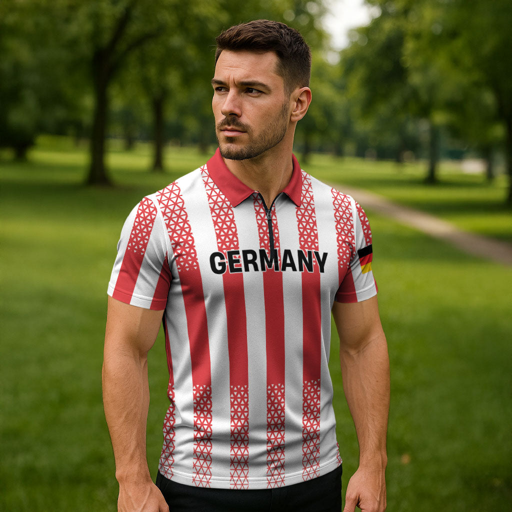 Custom German European Football Champions Zipper Polo Shirt Rot Weiss Geometric Stripes