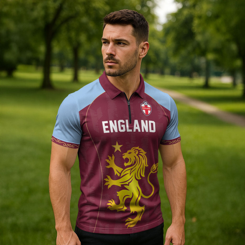 Custom England European Football Champions Zipper Polo Shirt The Villans Rampant Lion Pride