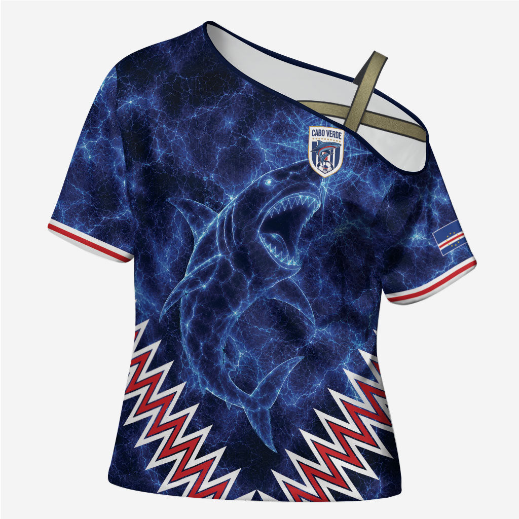 Custom World Football 2026 Cabo Verde Cross Shoulder Shirt Go Blue Sharks Glory