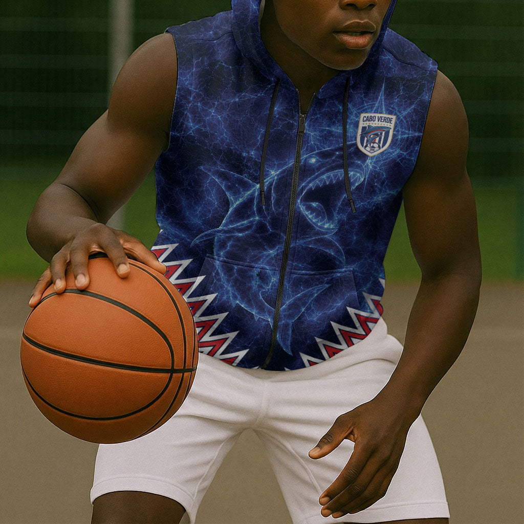 Custom World Football 2026 Cabo Verde Sleeveless Zip Hoodie Go Blue Sharks Glory