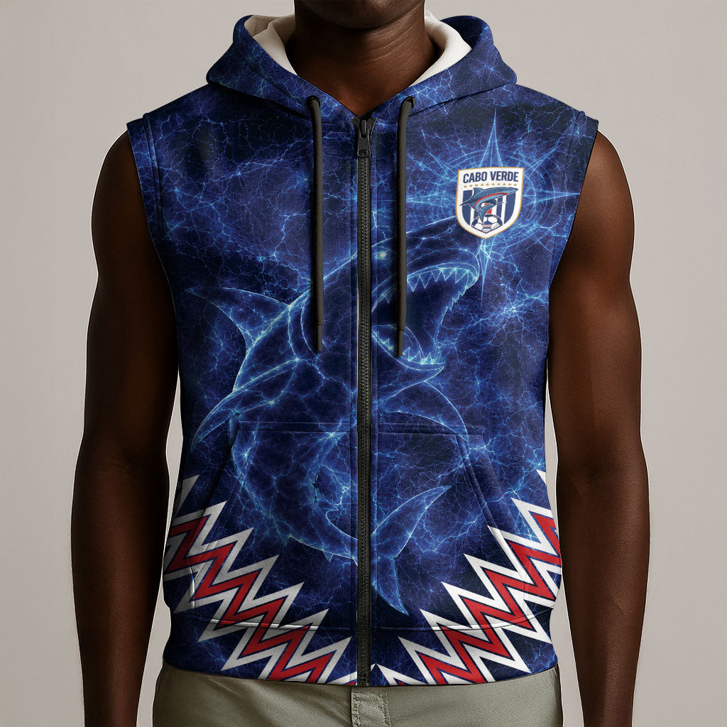 Custom World Football 2026 Cabo Verde Sleeveless Zip Hoodie Go Blue Sharks Glory
