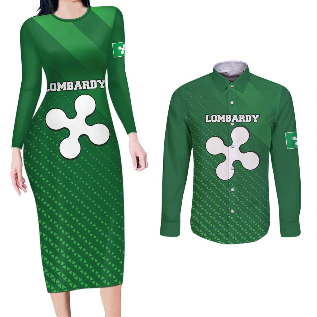 Italy Lombardy Couples Matching Long Sleeve Bodycon Dress and Long Sleeve Button Shirt Map With Flag Style - Wonder Print Shop