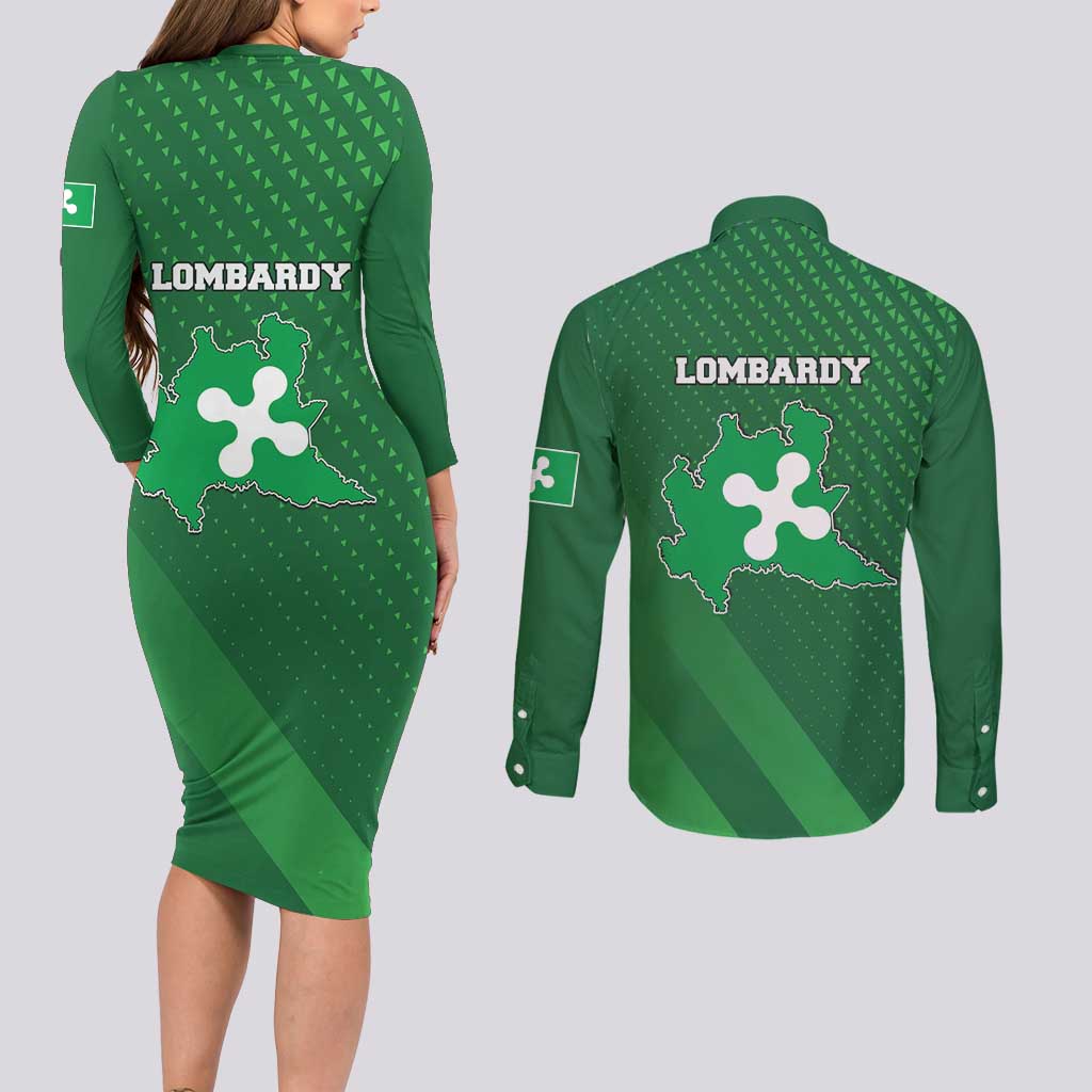 Italy Lombardy Couples Matching Long Sleeve Bodycon Dress and Long Sleeve Button Shirt Map With Flag Style - Wonder Print Shop