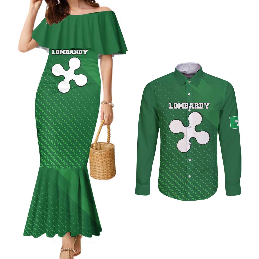 Italy Lombardy Couples Matching Mermaid Dress and Long Sleeve Button Shirt Map With Flag Style - Wonder Print Shop
