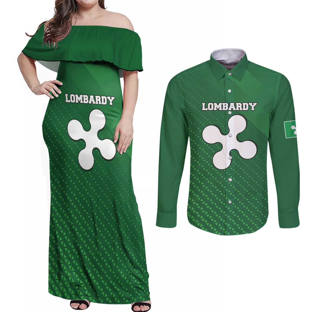 Italy Lombardy Couples Matching Off Shoulder Maxi Dress and Long Sleeve Button Shirt Map With Flag Style - Wonder Print Shop