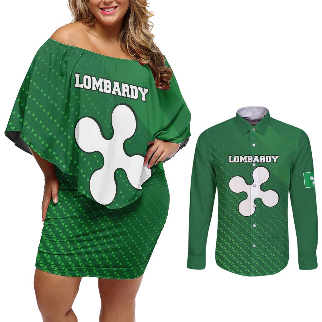 Italy Lombardy Couples Matching Off Shoulder Short Dress and Long Sleeve Button Shirt Map With Flag Style - Wonder Print Shop