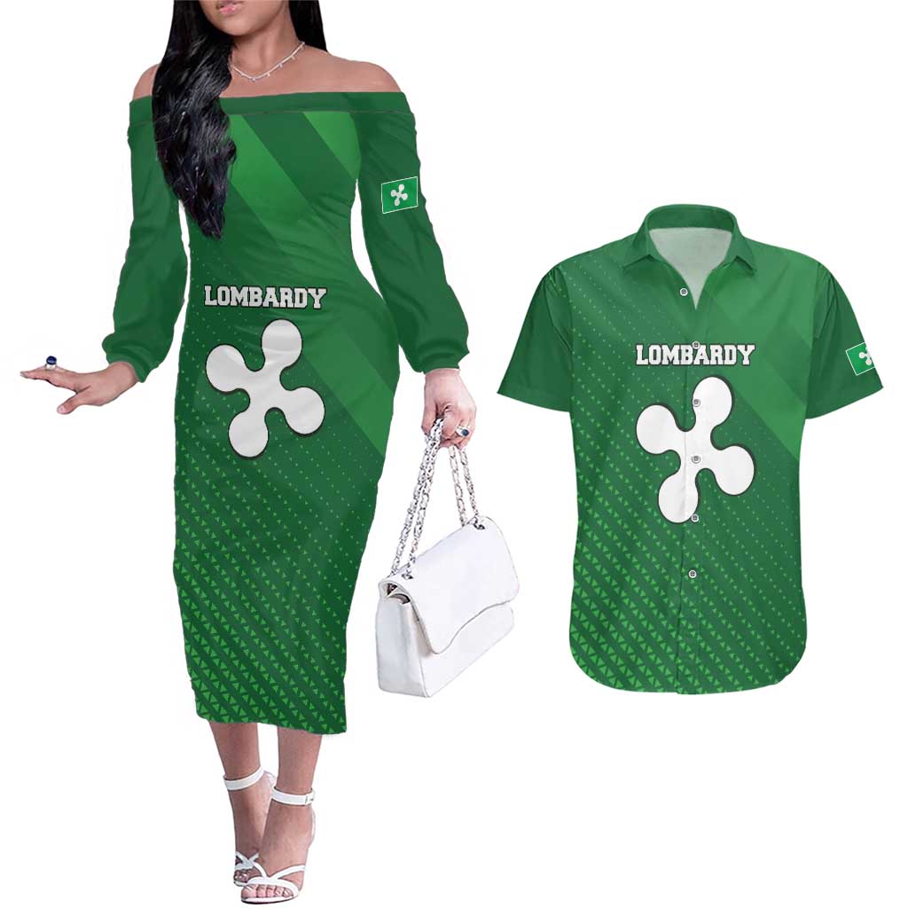 Italy Lombardy Couples Matching Off The Shoulder Long Sleeve Dress and Hawaiian Shirt Map With Flag Style - Wonder Print Shop