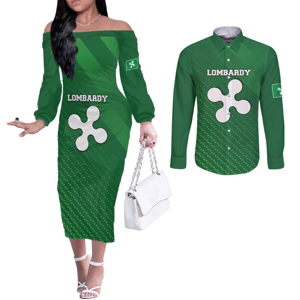 Italy Lombardy Couples Matching Off The Shoulder Long Sleeve Dress and Long Sleeve Button Shirt Map With Flag Style - Wonder Print Shop