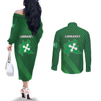 Italy Lombardy Couples Matching Off The Shoulder Long Sleeve Dress and Long Sleeve Button Shirt Map With Flag Style - Wonder Print Shop