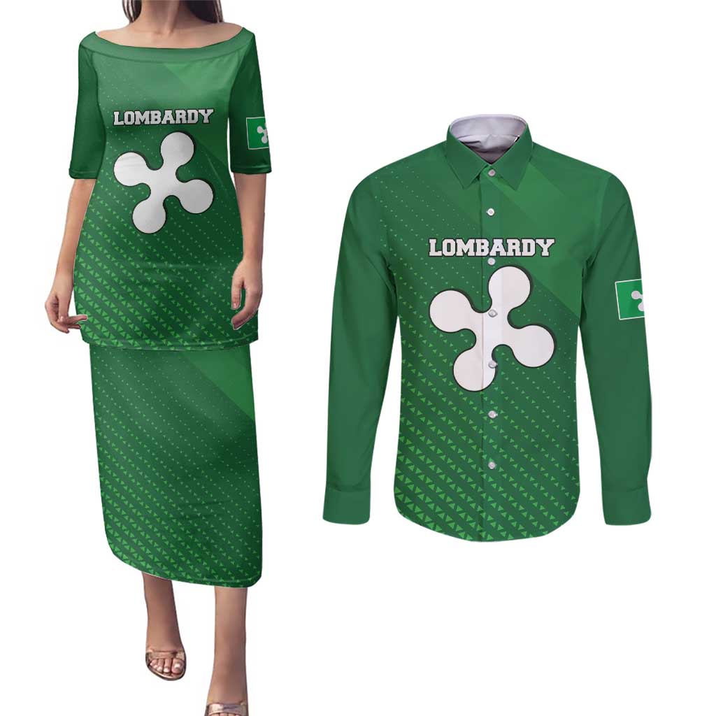 Italy Lombardy Couples Matching Puletasi and Long Sleeve Button Shirt Map With Flag Style - Wonder Print Shop