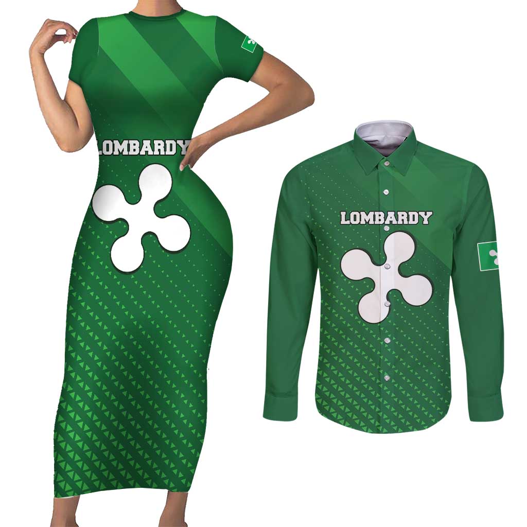 Italy Lombardy Couples Matching Short Sleeve Bodycon Dress and Long Sleeve Button Shirt Map With Flag Style - Wonder Print Shop