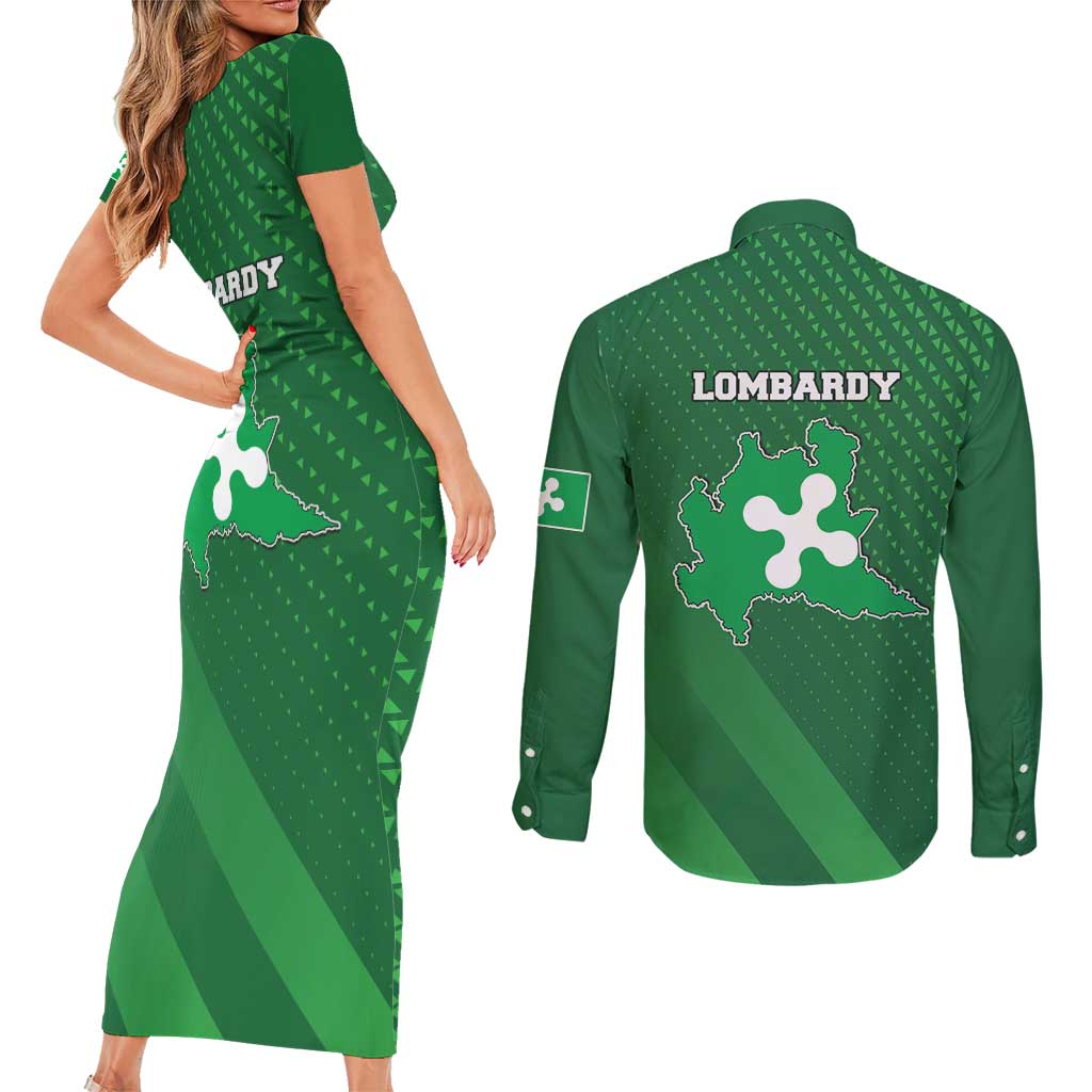 Italy Lombardy Couples Matching Short Sleeve Bodycon Dress and Long Sleeve Button Shirt Map With Flag Style - Wonder Print Shop