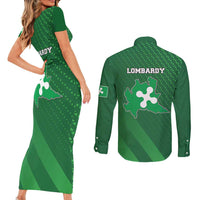 Italy Lombardy Couples Matching Short Sleeve Bodycon Dress and Long Sleeve Button Shirt Map With Flag Style - Wonder Print Shop