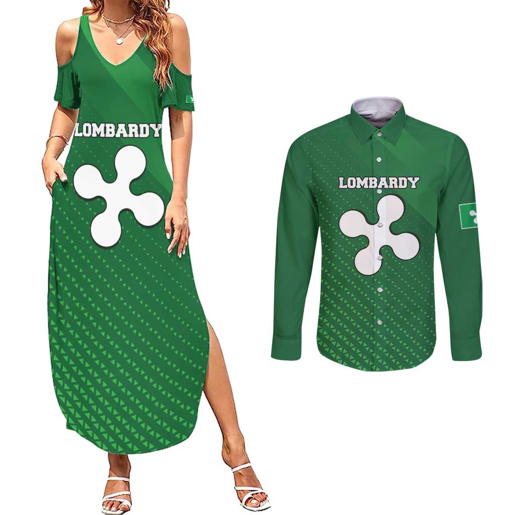 Italy Lombardy Couples Matching Summer Maxi Dress and Long Sleeve Button Shirt Map With Flag Style - Wonder Print Shop
