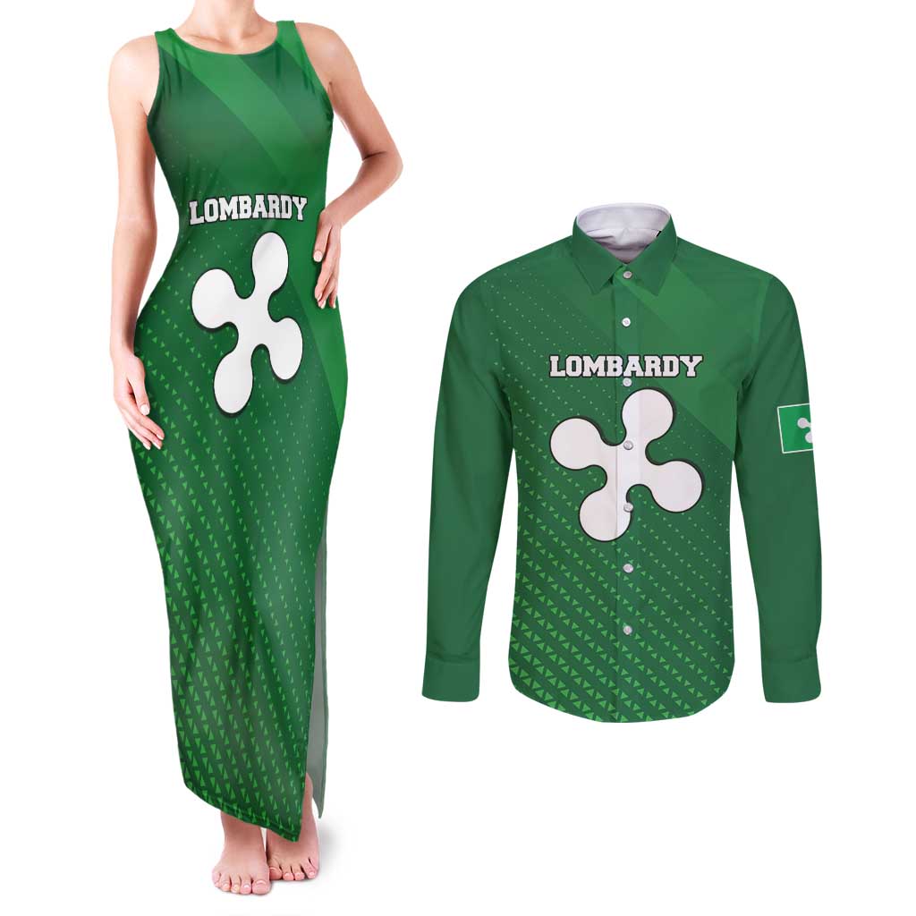 Italy Lombardy Couples Matching Tank Maxi Dress and Long Sleeve Button Shirt Map With Flag Style - Wonder Print Shop