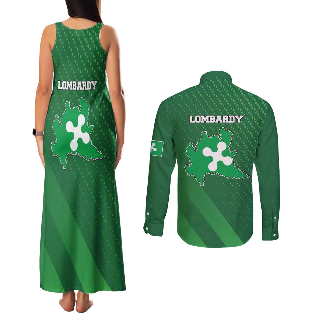 Italy Lombardy Couples Matching Tank Maxi Dress and Long Sleeve Button Shirt Map With Flag Style - Wonder Print Shop