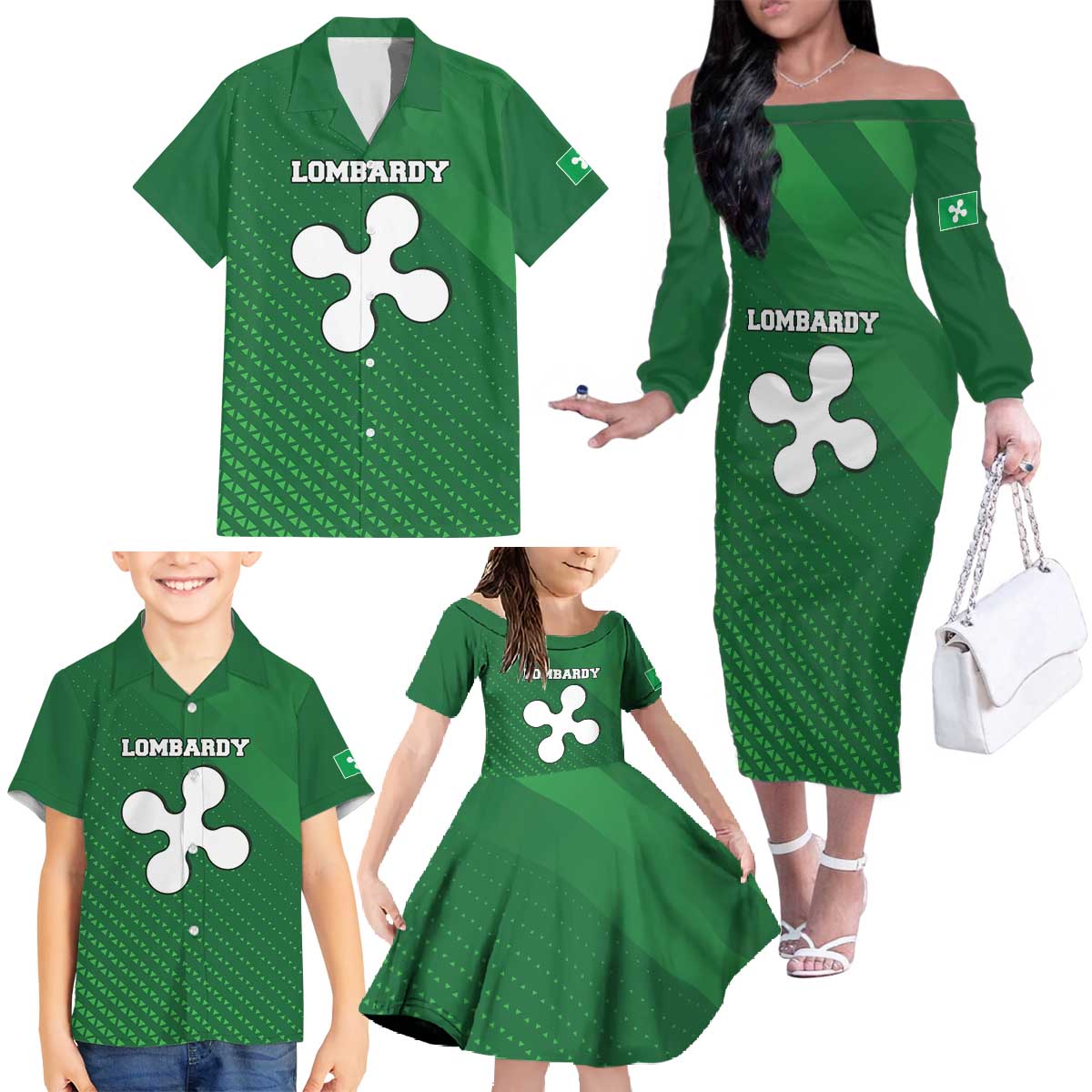 Italy Lombardy Family Matching Off The Shoulder Long Sleeve Dress and Hawaiian Shirt Map With Flag Style - Wonder Print Shop