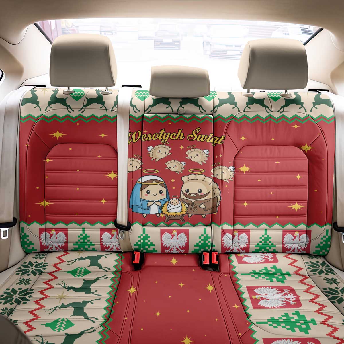 Poland Christmas Back Car Seat Cover Polish Pierogi Mascot Nativity Scene - Wonder Print Shop