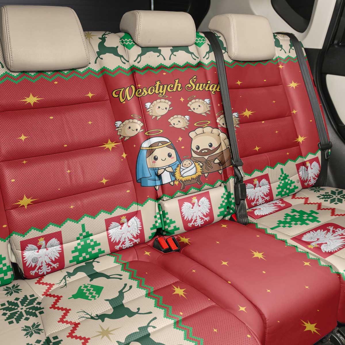Poland Christmas Back Car Seat Cover Polish Pierogi Mascot Nativity Scene - Wonder Print Shop