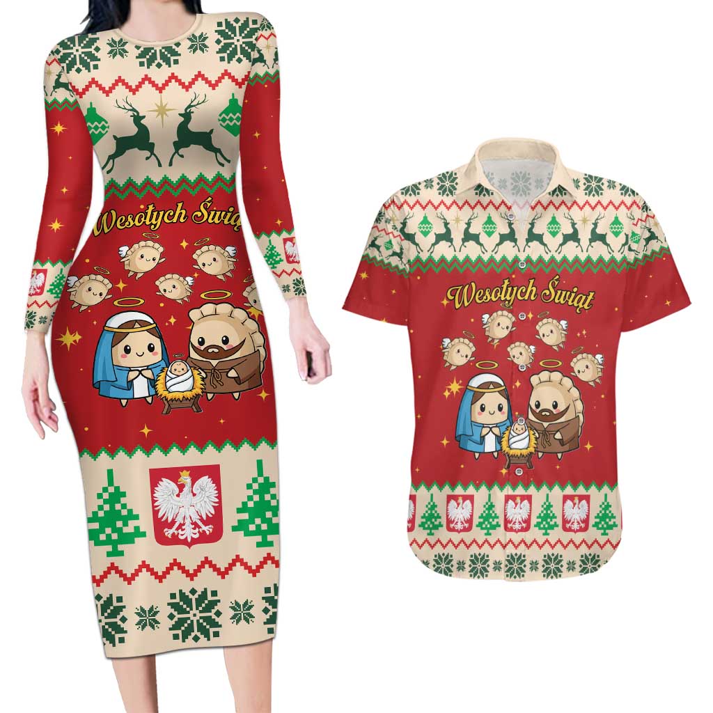 Poland Christmas Couples Matching Long Sleeve Bodycon Dress and Hawaiian Shirt Polish Pierogi Mascot Nativity Scene - Wonder Print Shop