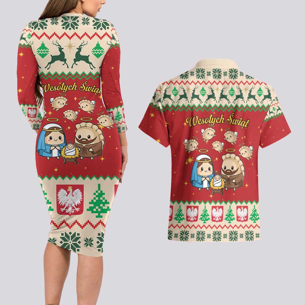 Poland Christmas Couples Matching Long Sleeve Bodycon Dress and Hawaiian Shirt Polish Pierogi Mascot Nativity Scene - Wonder Print Shop