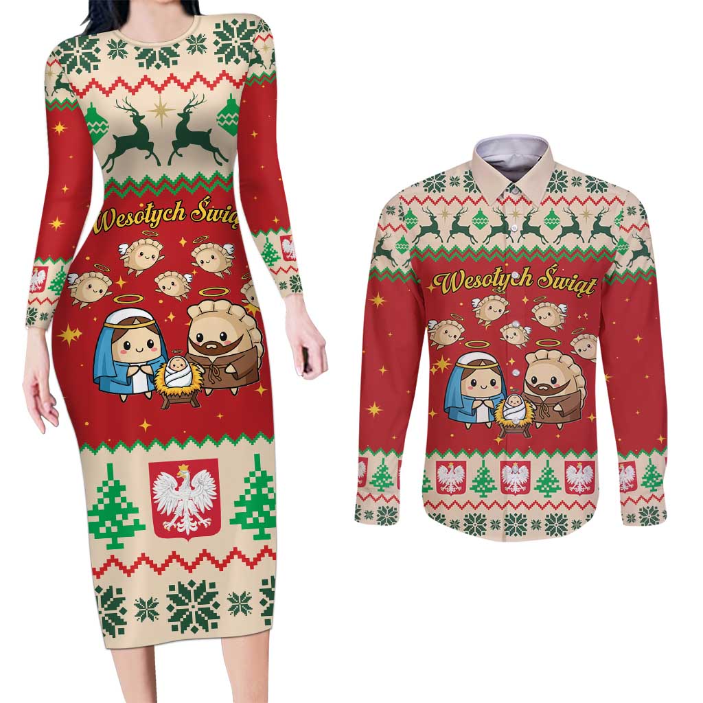 Poland Christmas Couples Matching Long Sleeve Bodycon Dress and Long Sleeve Button Shirt Polish Pierogi Mascot Nativity Scene - Wonder Print Shop