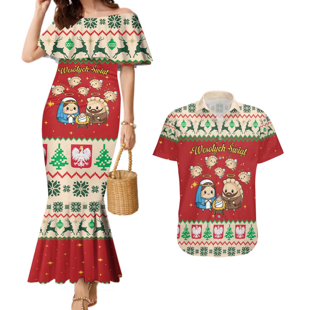 Poland Christmas Couples Matching Mermaid Dress and Hawaiian Shirt Polish Pierogi Mascot Nativity Scene - Wonder Print Shop