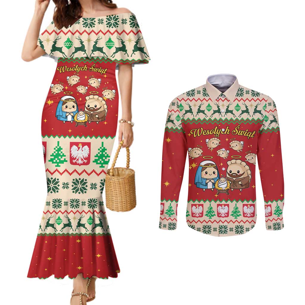 Poland Christmas Couples Matching Mermaid Dress and Long Sleeve Button Shirt Polish Pierogi Mascot Nativity Scene - Wonder Print Shop