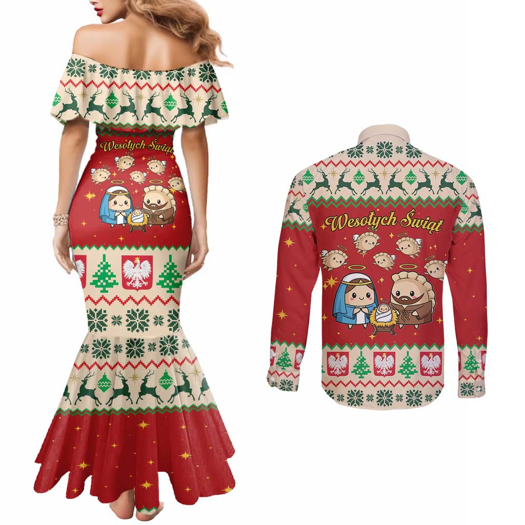 Poland Christmas Couples Matching Mermaid Dress and Long Sleeve Button Shirt Polish Pierogi Mascot Nativity Scene - Wonder Print Shop