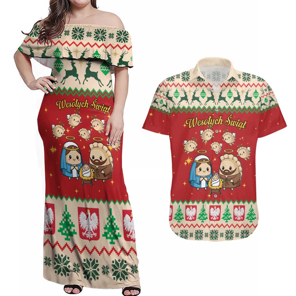 Poland Christmas Couples Matching Off Shoulder Maxi Dress and Hawaiian Shirt Polish Pierogi Mascot Nativity Scene - Wonder Print Shop