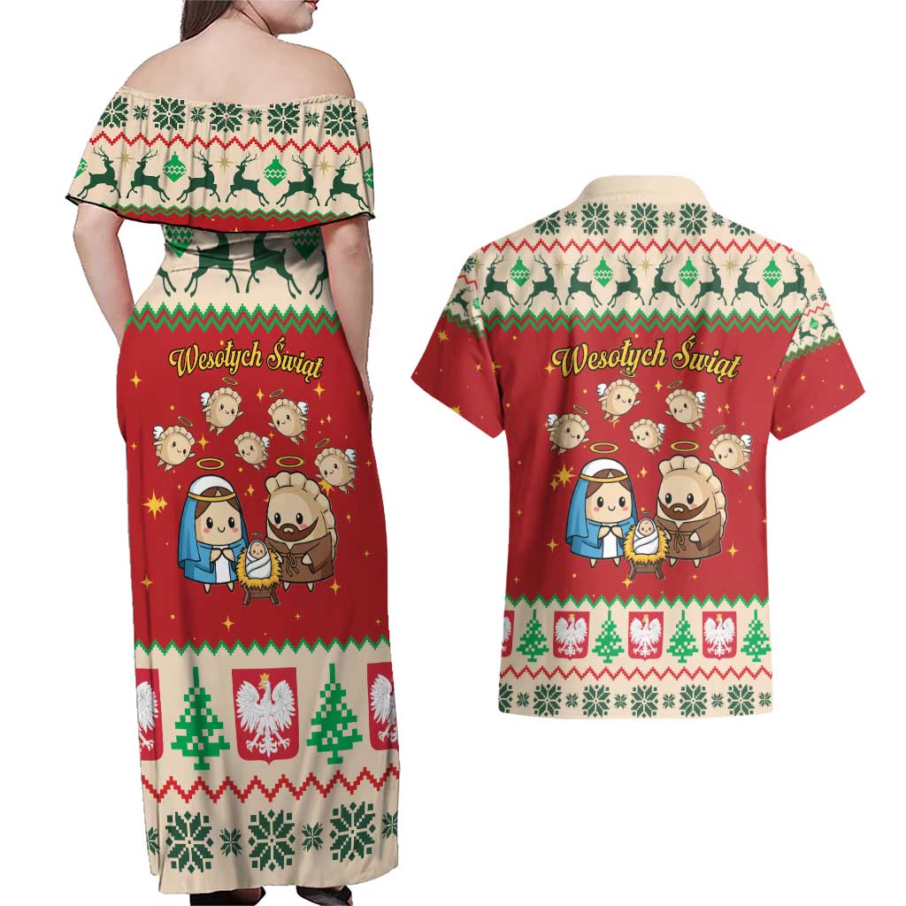 Poland Christmas Couples Matching Off Shoulder Maxi Dress and Hawaiian Shirt Polish Pierogi Mascot Nativity Scene - Wonder Print Shop