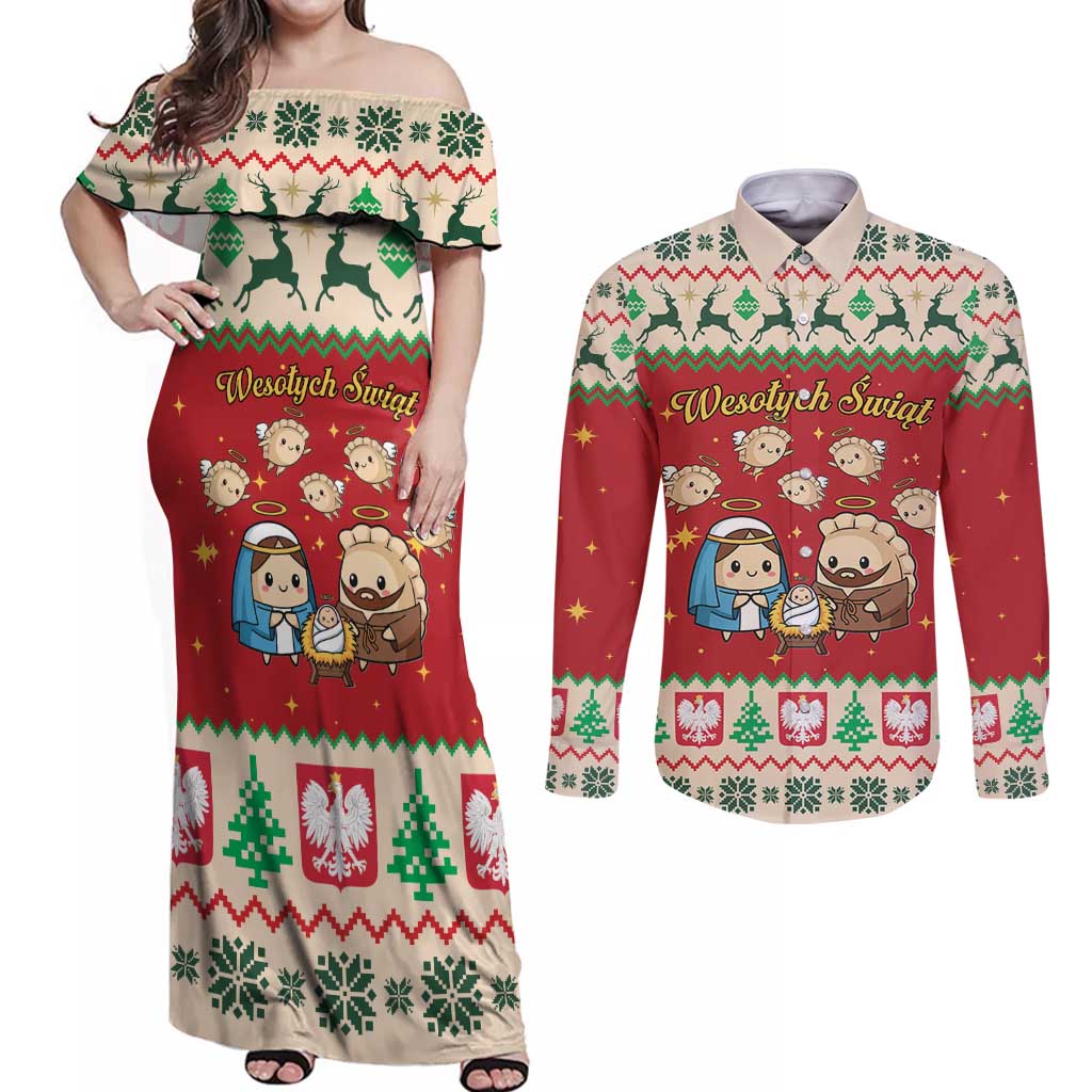 Poland Christmas Couples Matching Off Shoulder Maxi Dress and Long Sleeve Button Shirt Polish Pierogi Mascot Nativity Scene - Wonder Print Shop