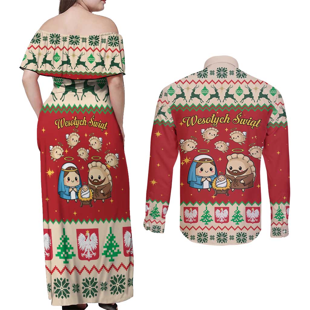 Poland Christmas Couples Matching Off Shoulder Maxi Dress and Long Sleeve Button Shirt Polish Pierogi Mascot Nativity Scene - Wonder Print Shop