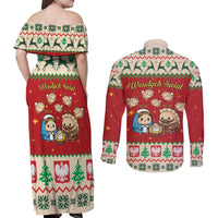 Poland Christmas Couples Matching Off Shoulder Maxi Dress and Long Sleeve Button Shirt Polish Pierogi Mascot Nativity Scene - Wonder Print Shop