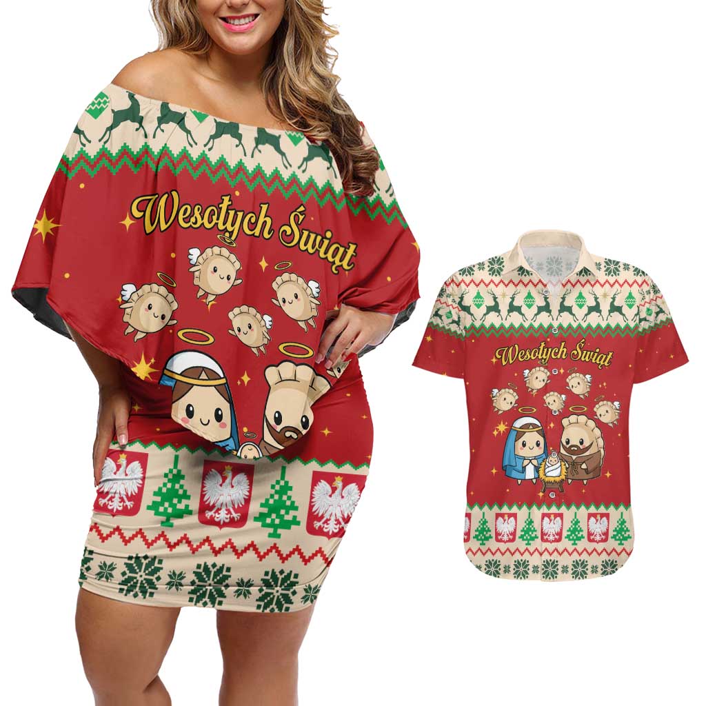 Poland Christmas Couples Matching Off Shoulder Short Dress and Hawaiian Shirt Polish Pierogi Mascot Nativity Scene - Wonder Print Shop