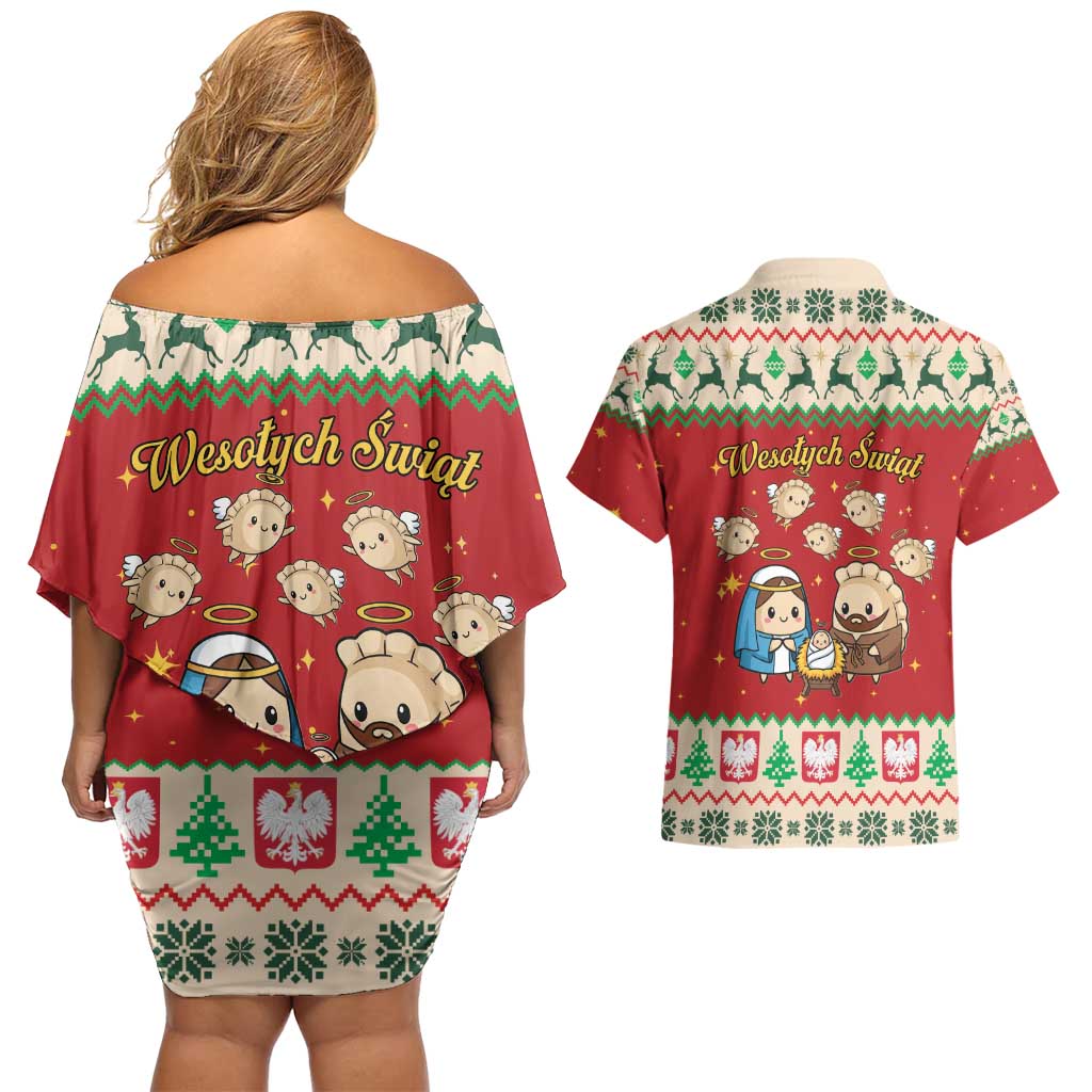 Poland Christmas Couples Matching Off Shoulder Short Dress and Hawaiian Shirt Polish Pierogi Mascot Nativity Scene - Wonder Print Shop