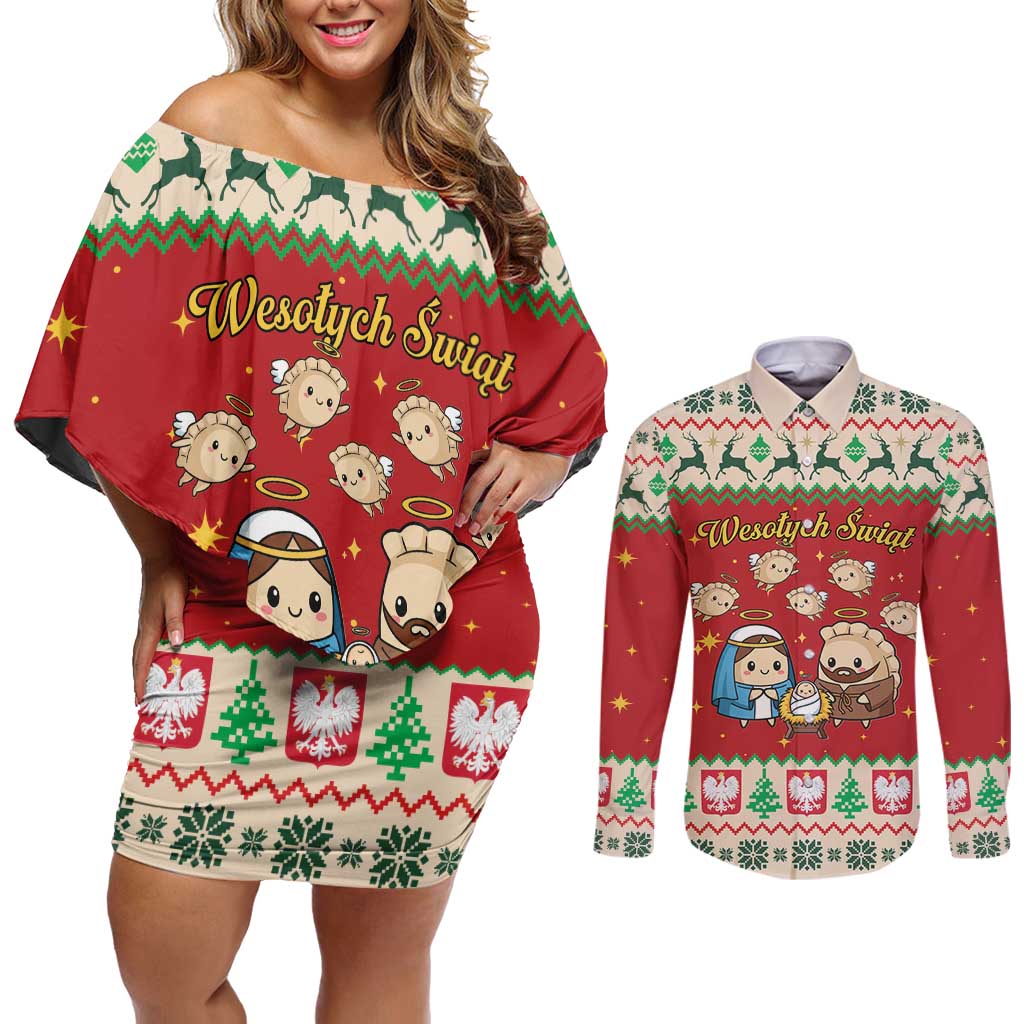Poland Christmas Couples Matching Off Shoulder Short Dress and Long Sleeve Button Shirt Polish Pierogi Mascot Nativity Scene - Wonder Print Shop