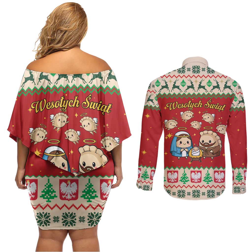 Poland Christmas Couples Matching Off Shoulder Short Dress and Long Sleeve Button Shirt Polish Pierogi Mascot Nativity Scene - Wonder Print Shop