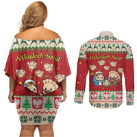 Poland Christmas Couples Matching Off Shoulder Short Dress and Long Sleeve Button Shirt Polish Pierogi Mascot Nativity Scene - Wonder Print Shop