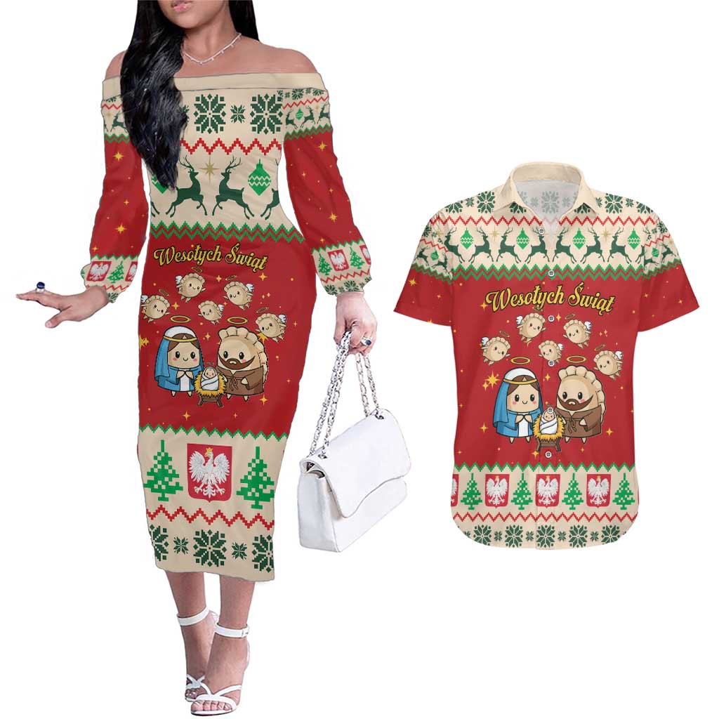 Poland Christmas Couples Matching Off The Shoulder Long Sleeve Dress and Hawaiian Shirt Polish Pierogi Mascot Nativity Scene - Wonder Print Shop