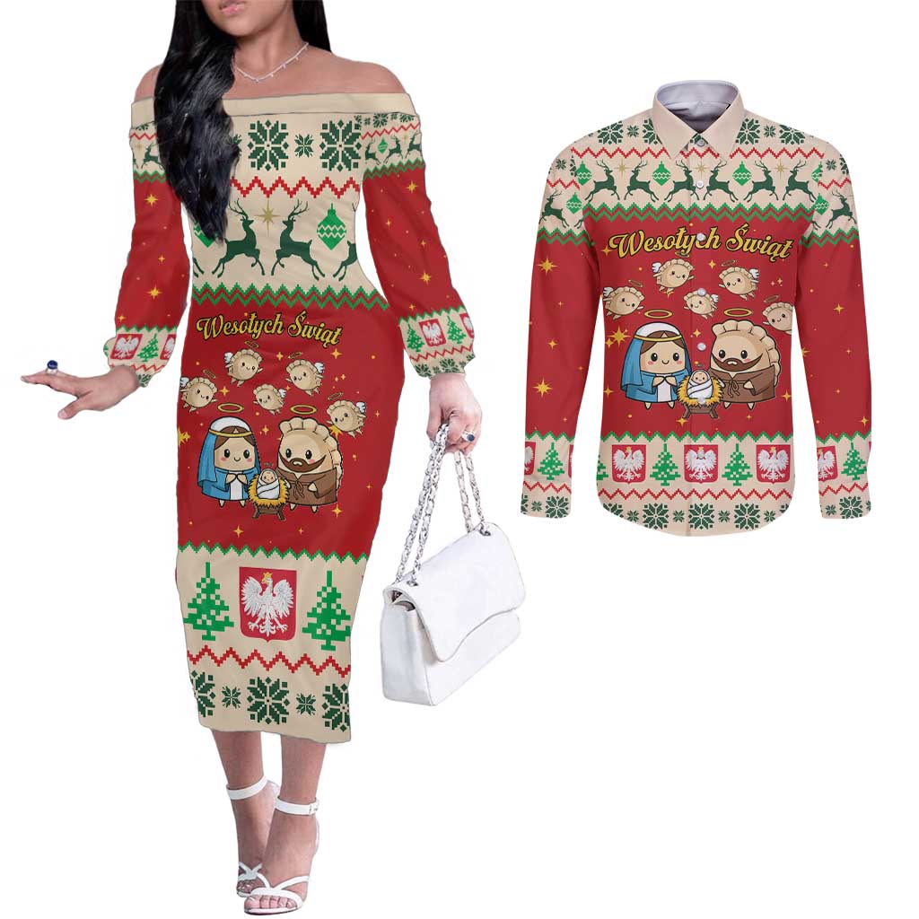 Poland Christmas Couples Matching Off The Shoulder Long Sleeve Dress and Long Sleeve Button Shirt Polish Pierogi Mascot Nativity Scene - Wonder Print Shop